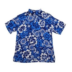 Squish Mens Medium Blue Hibiscus Floral Rayon Aloha Beach Shirt